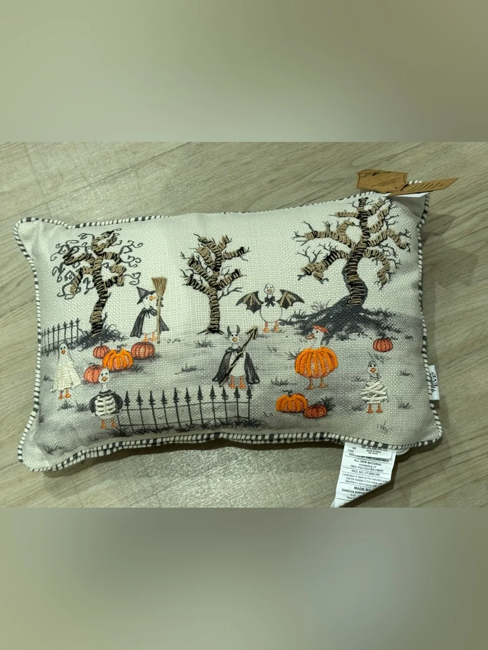Halloween Pumpkin & Bat Embroidered Decorative Pillow - Cream and Orange